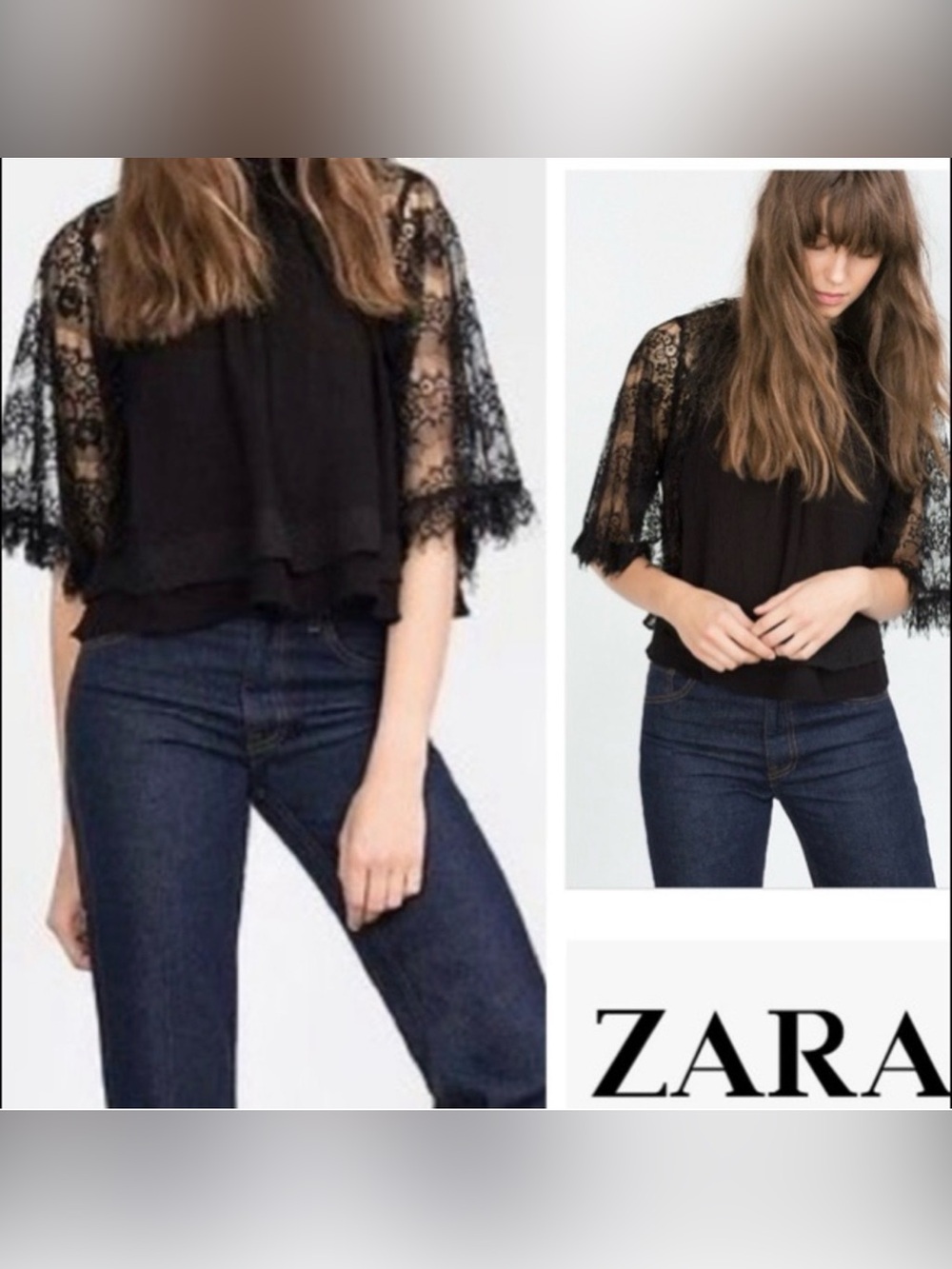 Zara Black Lace-Sleeve Blouse
